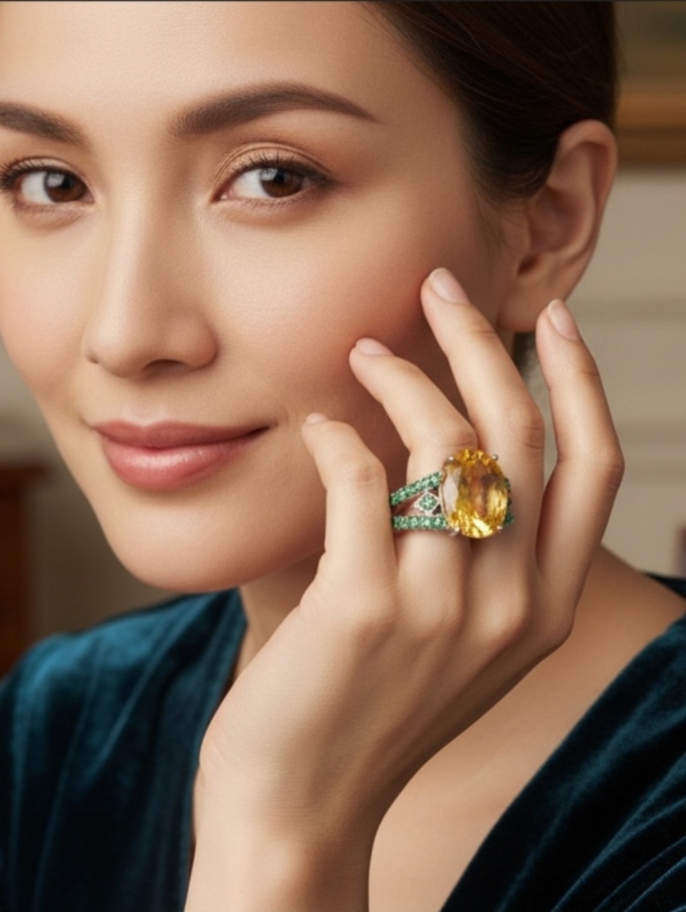 Elegant Oval Citrine W 22 Emeralds In .925 Sterling Silver Ring ~ New VINTAGE